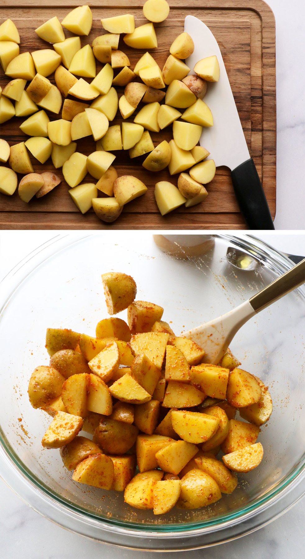 Cut the potatoes on a plate and mix in a bowl with spices.