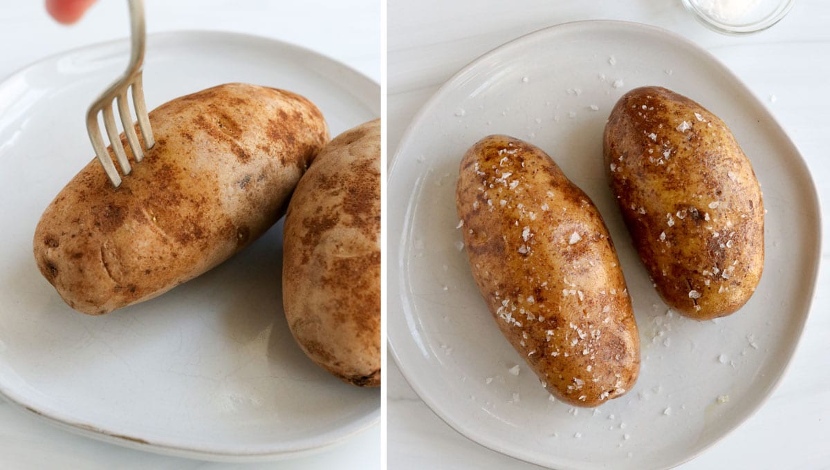 piercing potatoes with a fork and adding oil and salt.