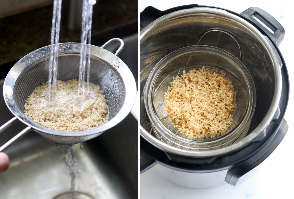 rinsed rice in strainer and in the pot