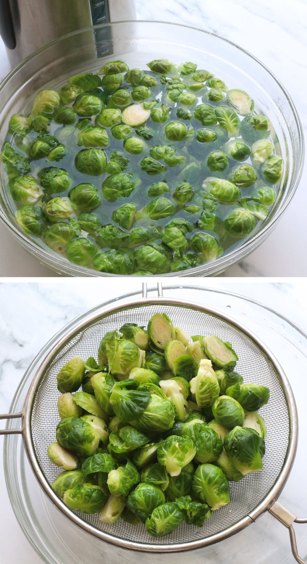 Brussels are soaked in boiling water and drained. 