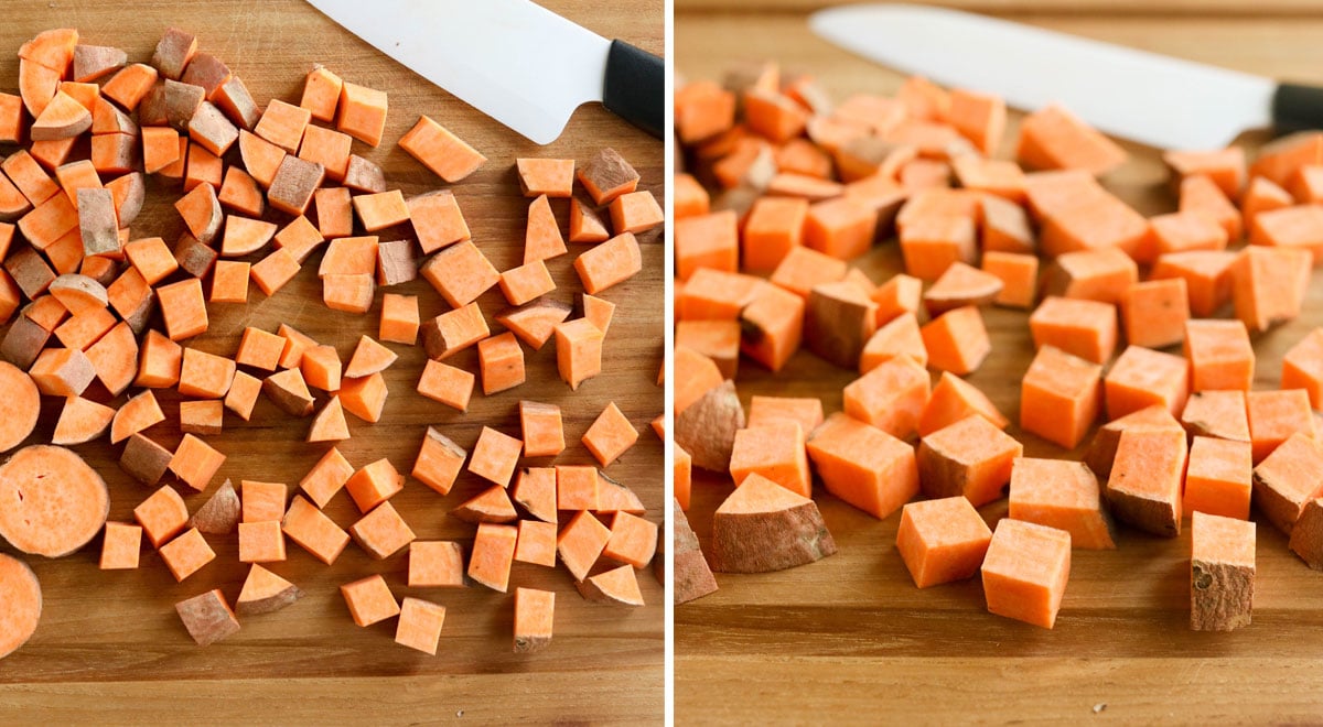 sweet potatoes cut into half inch cubes for hash
