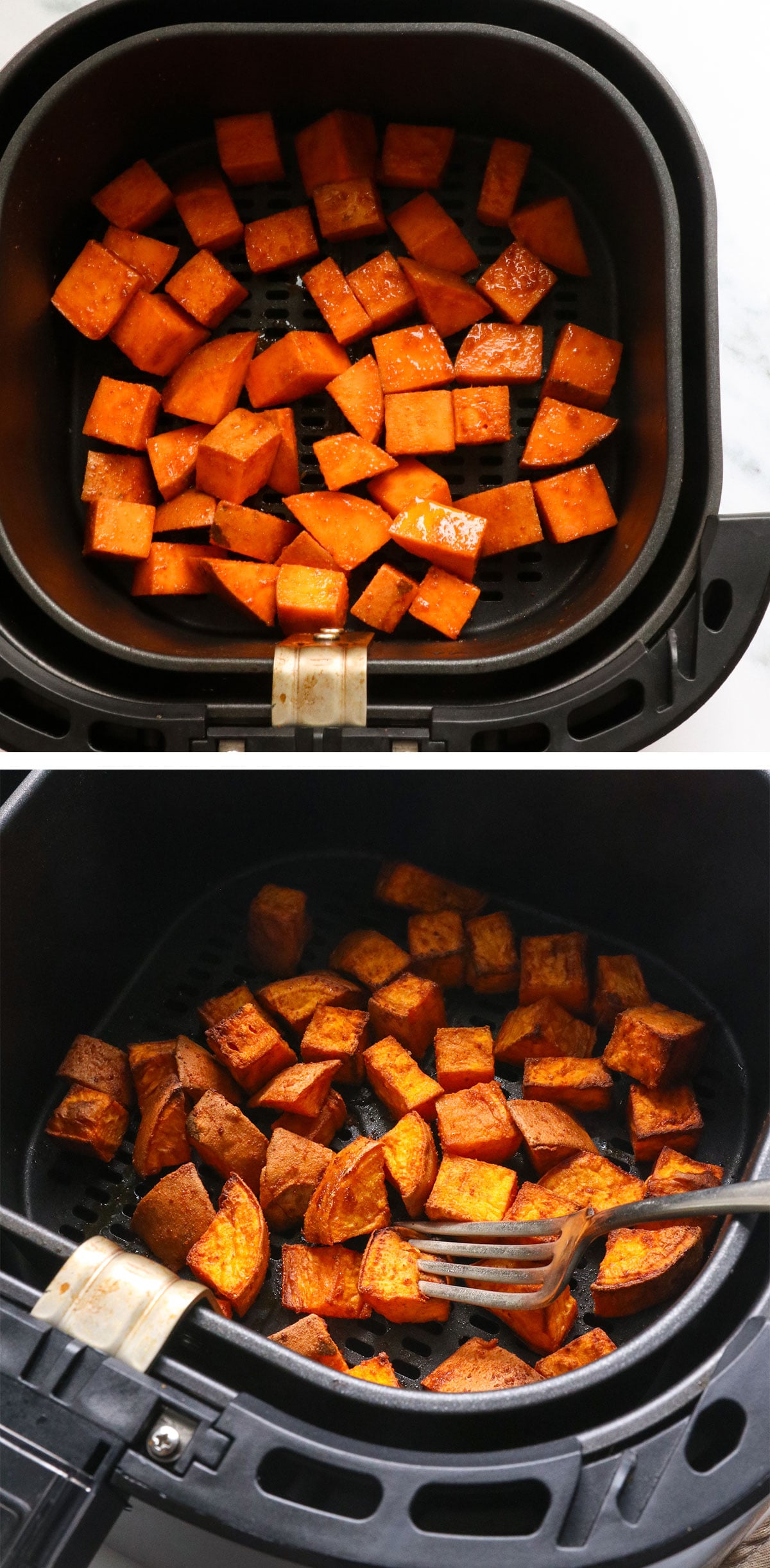 sweet potatoes before and after cooking in air fryer basket.