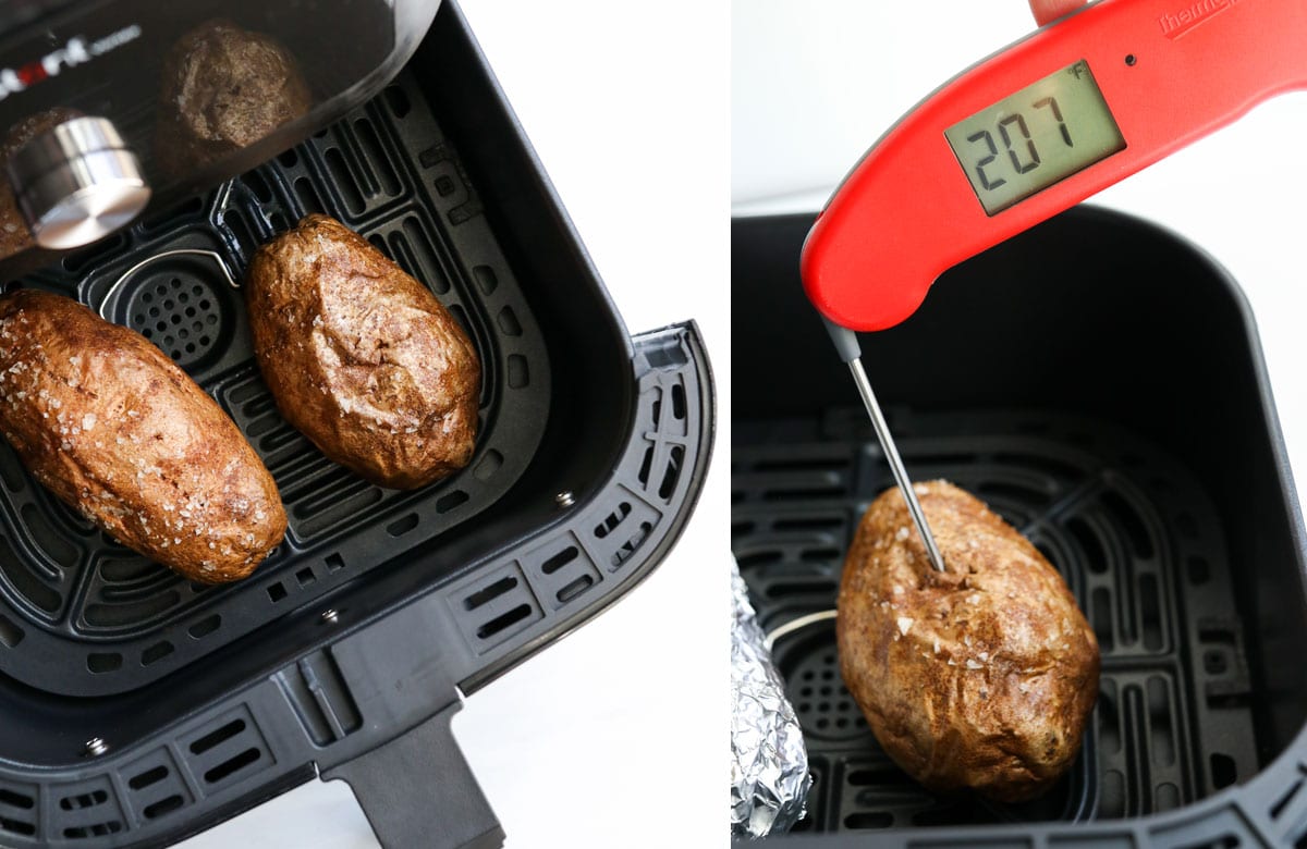 testing finished potatoes for tenderness with a thermometer.