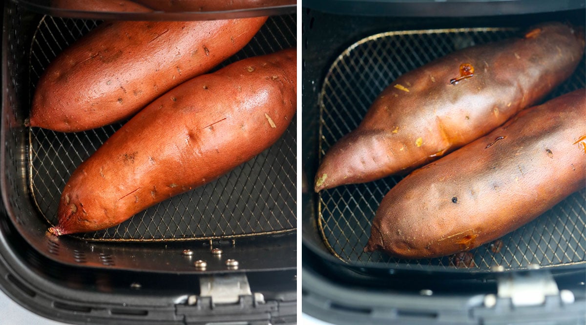 air fryer baked sweet potato with butter on it