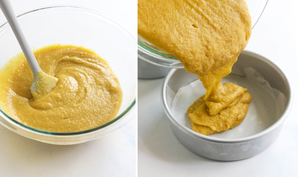 almond flour cake batter in a glass bowl and being poured into prepared 6-inch pans