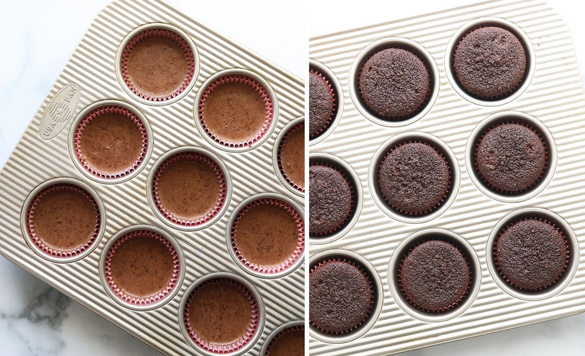 cupcakes before and after baking in a pan.