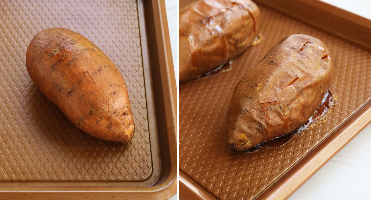 sweet potatoes on pan before and after baking.