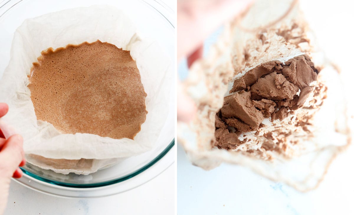 chocolate milk and dry almond pulp in bag