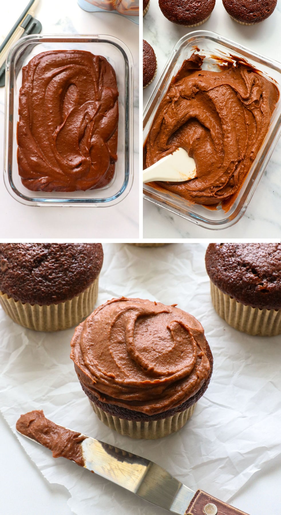 frosting chilled in a glass container and spread on a cupcake.