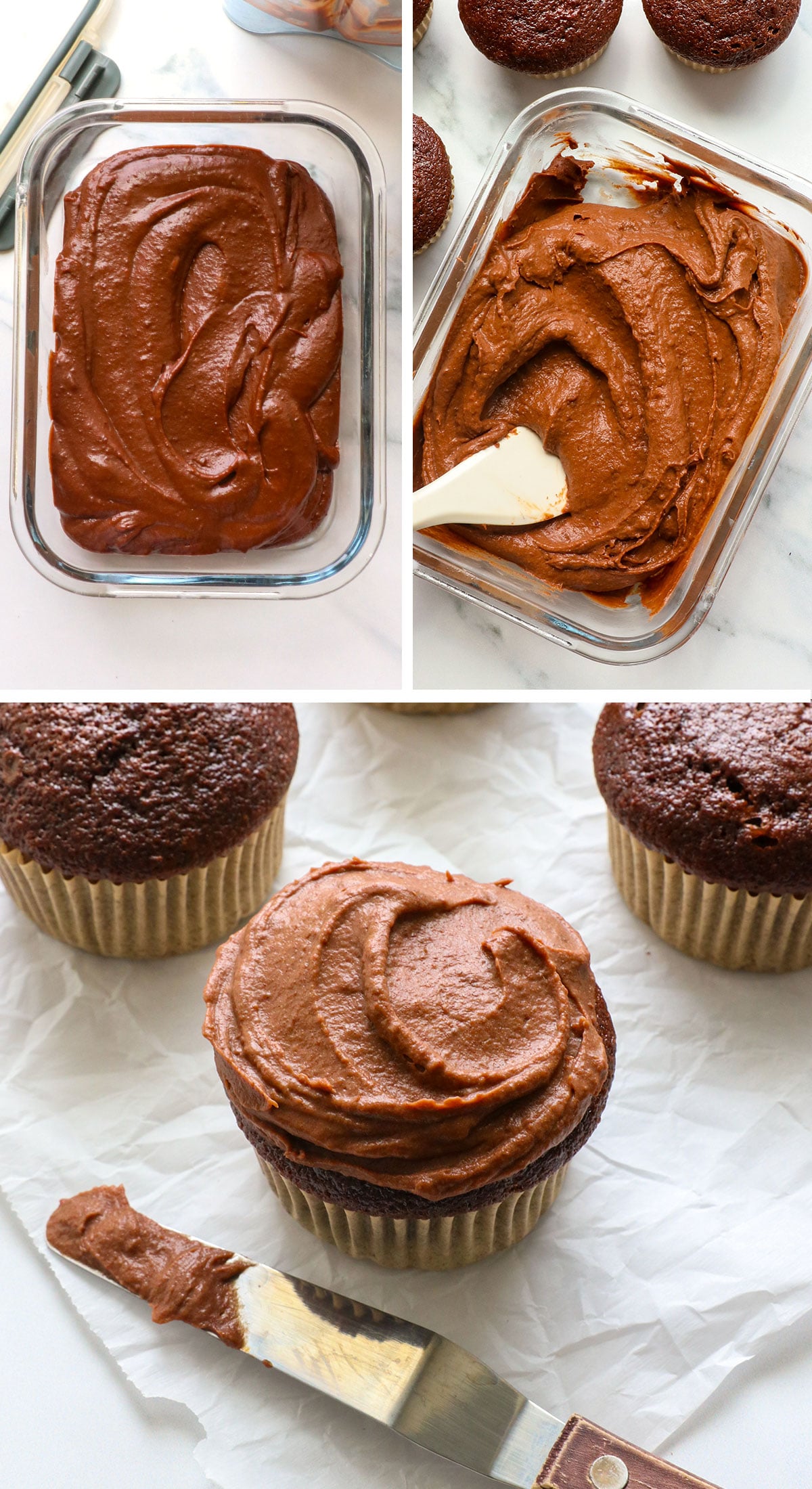 frosting chilled in a glass container and spread on a cupcake.