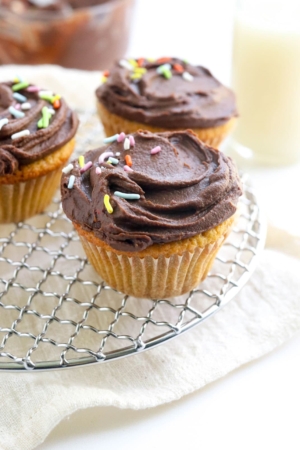 vanilla cupcakes with chocolate frosting and sprinkles