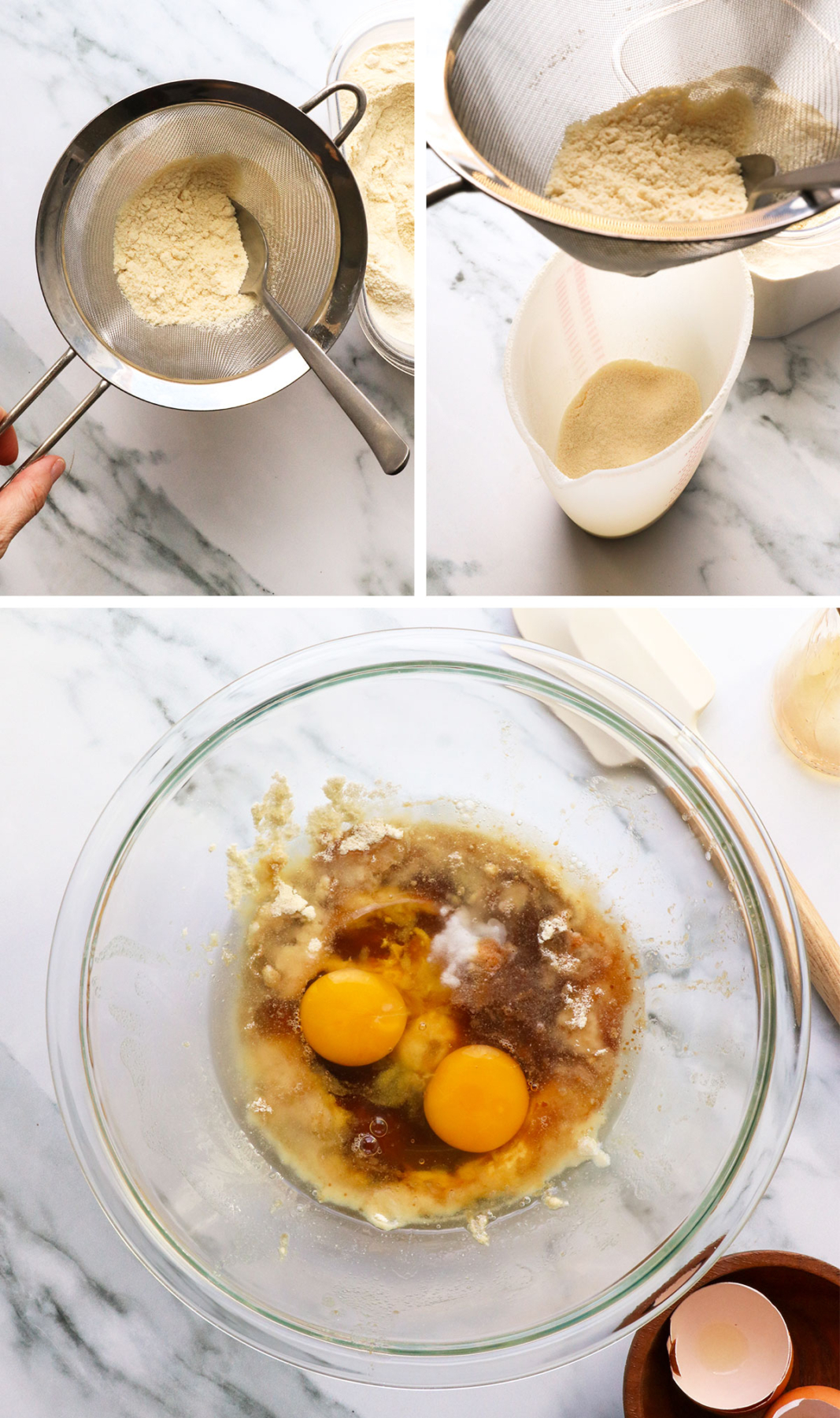 coconut flour sifted and added to a bowl with eggs, coconut oil, and maple syrup.