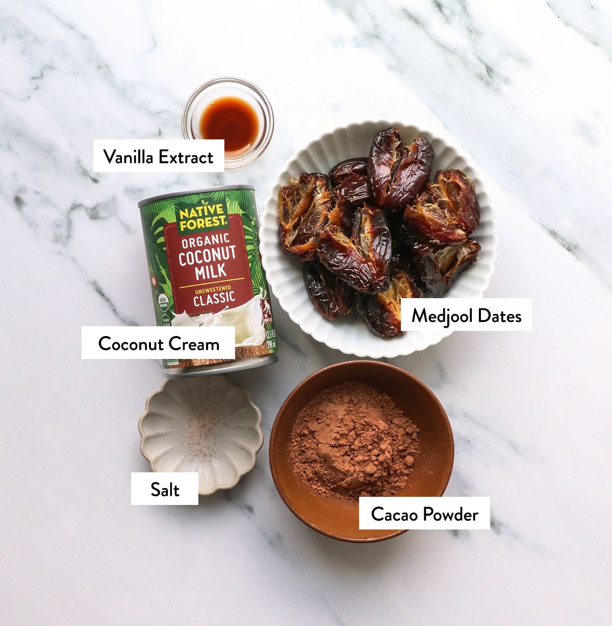 can of coconut milk, dates, cacao powder, and vanilla extract labeled in bowls.