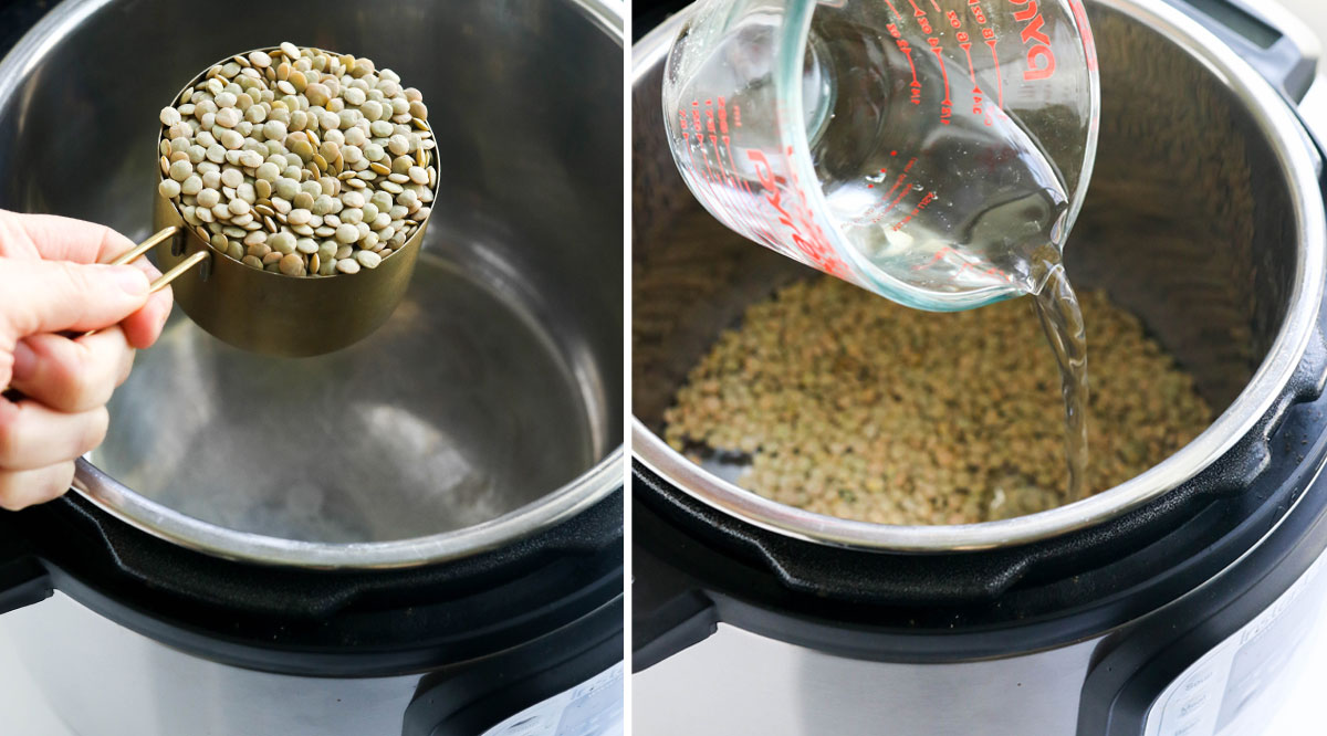 dry green lentils and water going into the Instant Pot