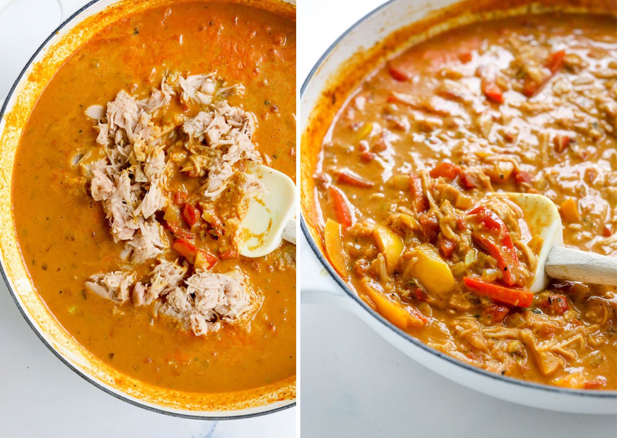 jackfruit in curry sauce in a large white pan