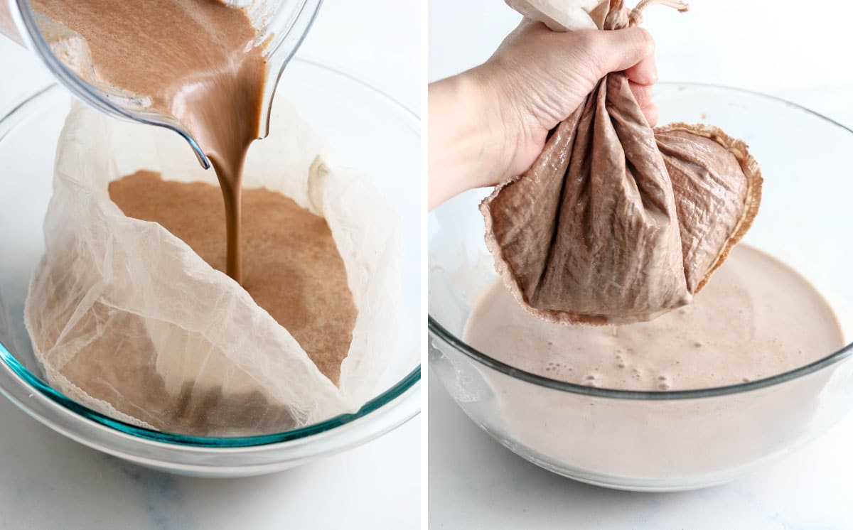 pouring chocolate almond milk in nut milk bag and squeezing it