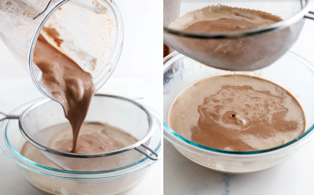 date sweetened chocolate milk strained through a mesh strainer