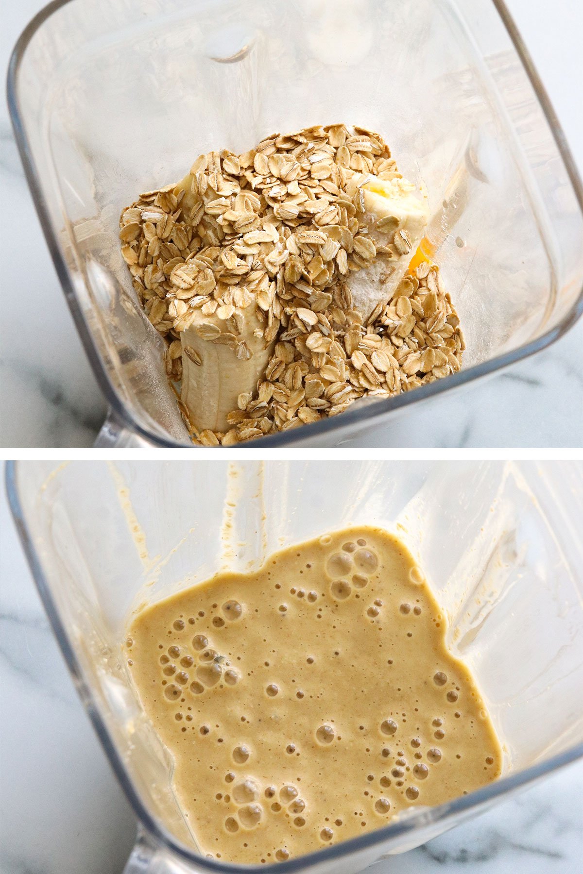 banana eggs and oats in a blender and blended until smooth. 