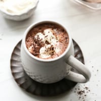 date sweetened hot chocolate in white mug.
