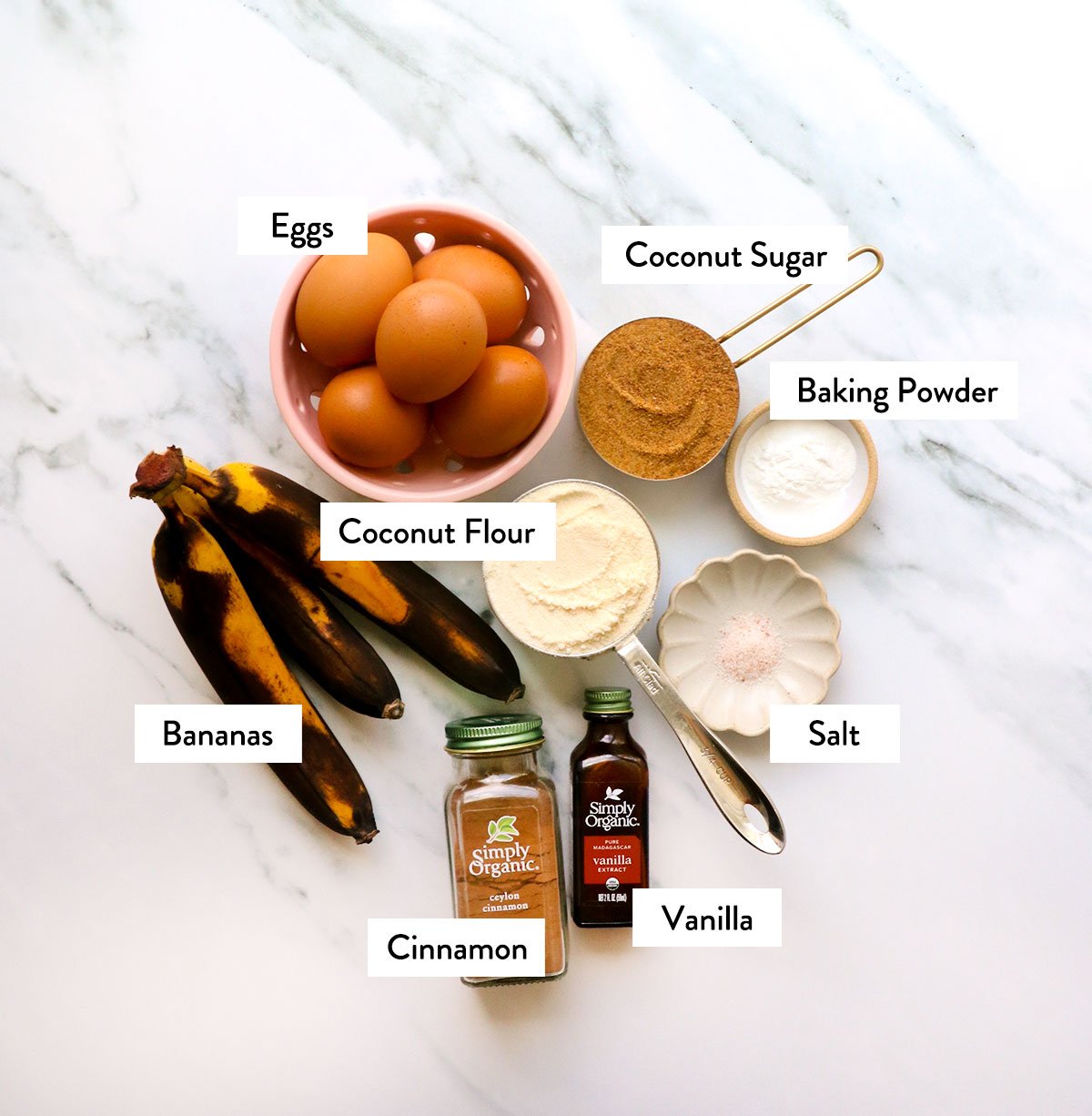 coconut flour, ripe bananas, eggs, coconut sugar, baking powder, and spices labeled on a white surface. 