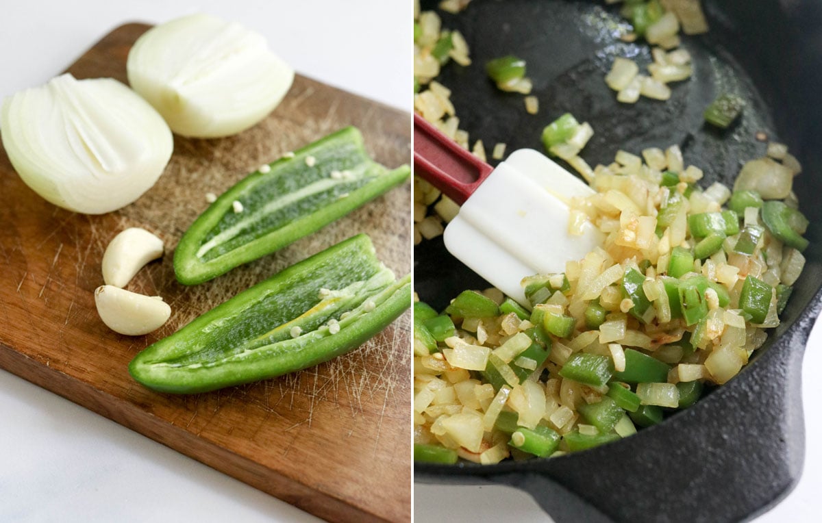 jalapeno and onion on a cutting board and being sauteed