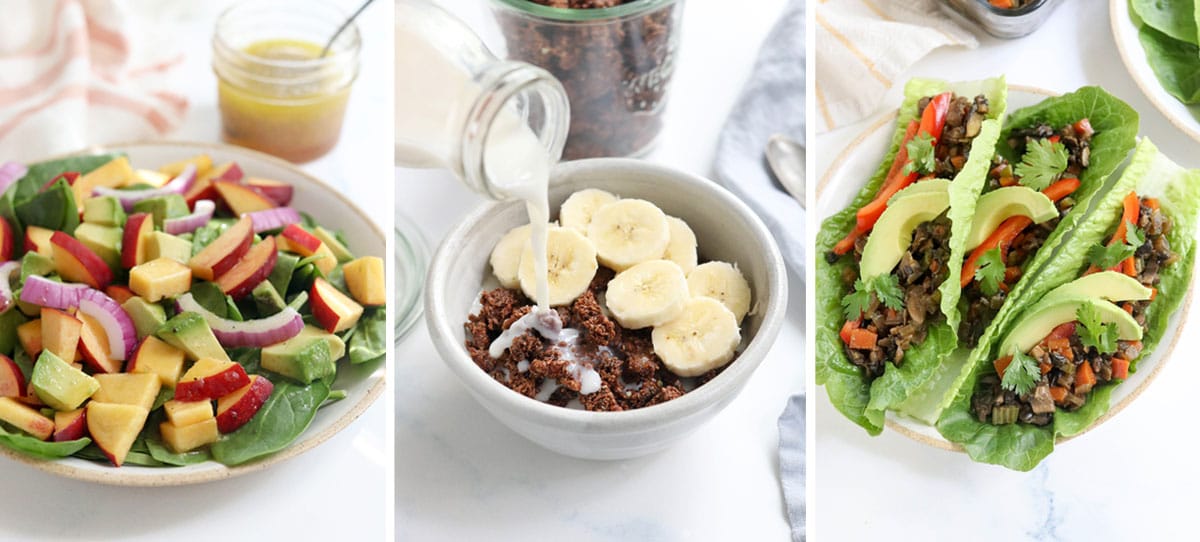 peach salad, chocolate granola, and lettuce wraps as example recipes