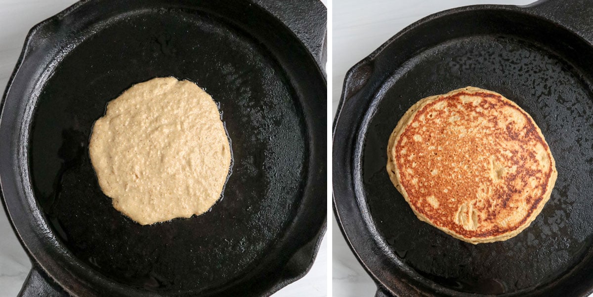 banana oatmeal pancake in cast iron skillet.