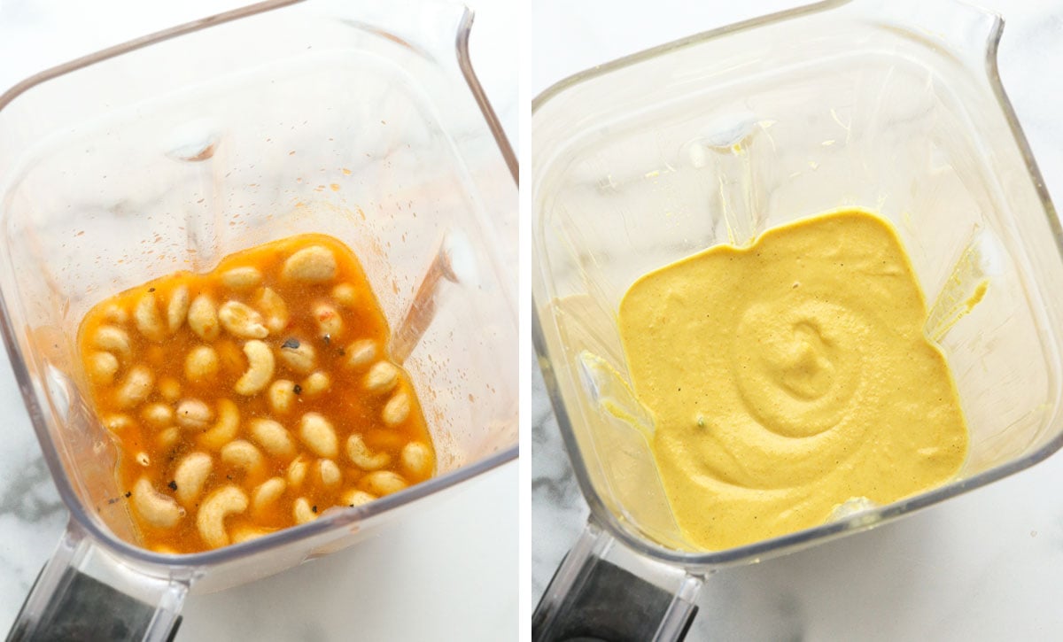 vegan cashew queso blended together in a blender pitcher.