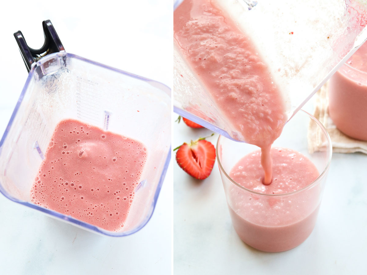 Blended watermelon smoothie poured into a glass.