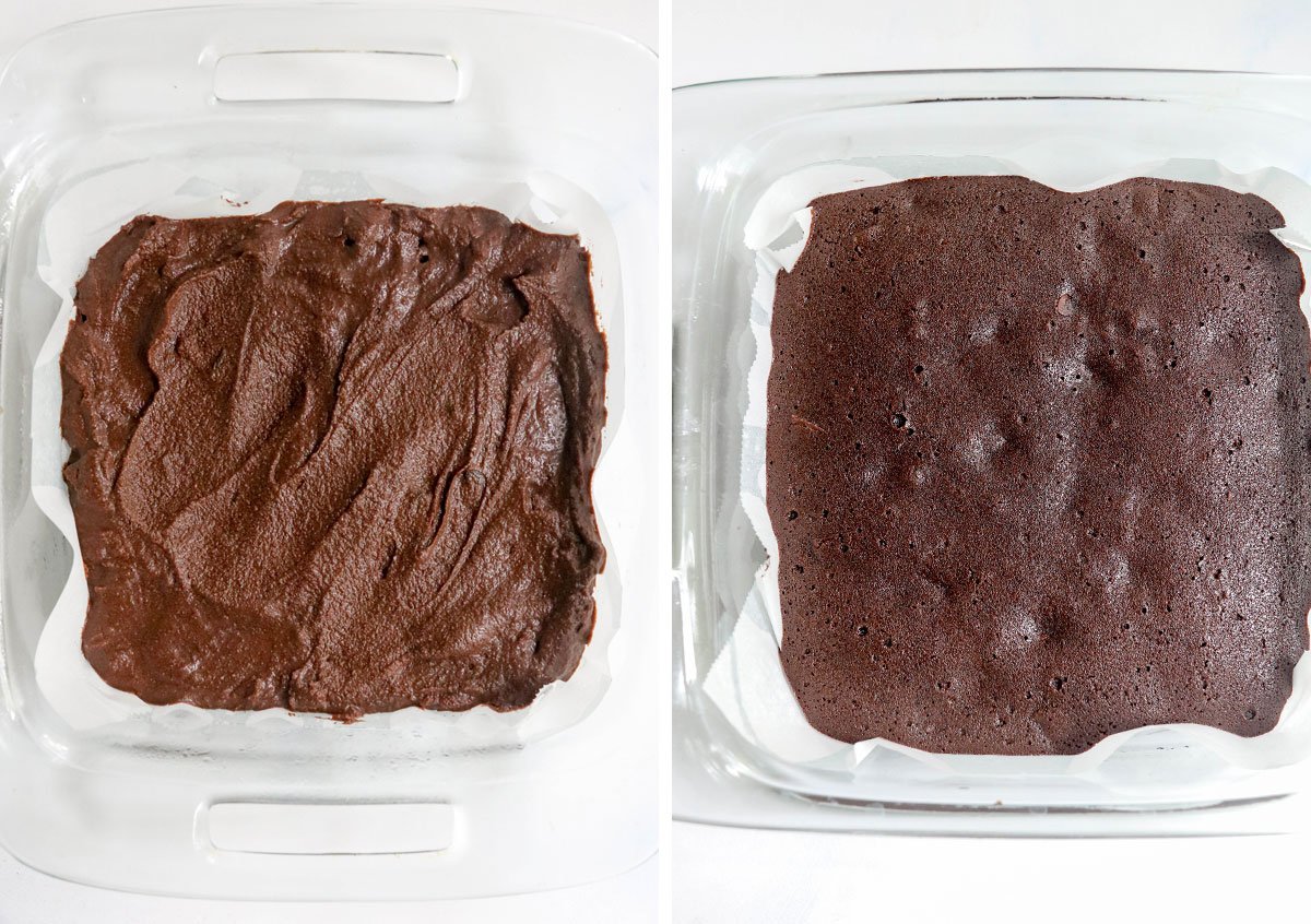 brownie batter in glass pan baked