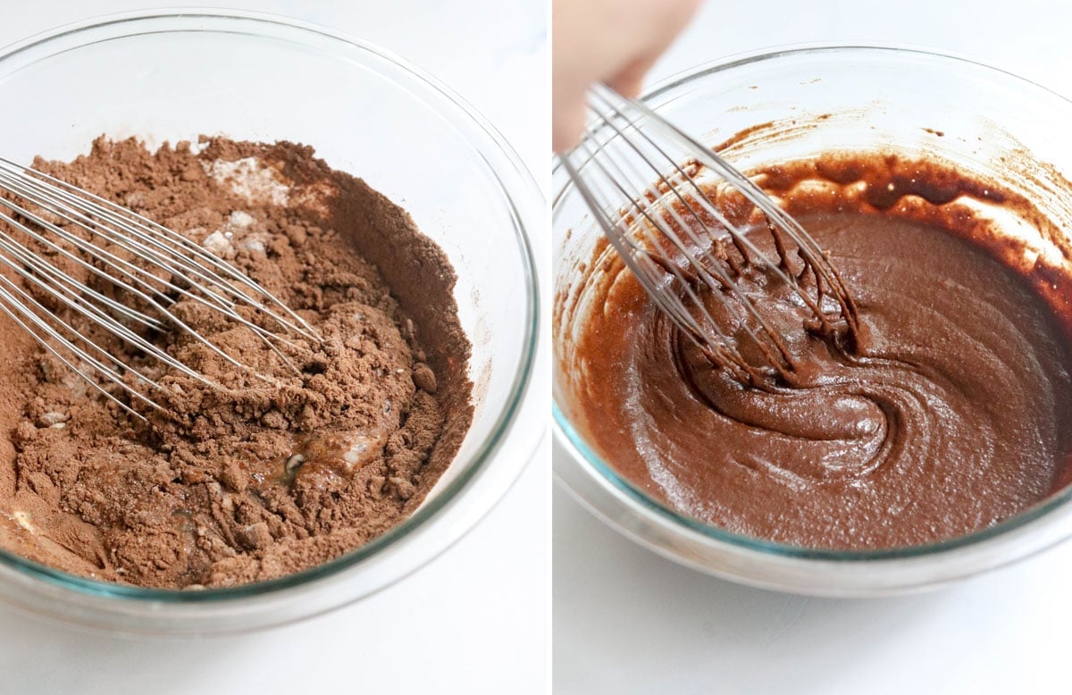 coconut flour brownie ingredients stirred in bowl