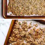 paleo granola baked on a pan and broken into pieces.