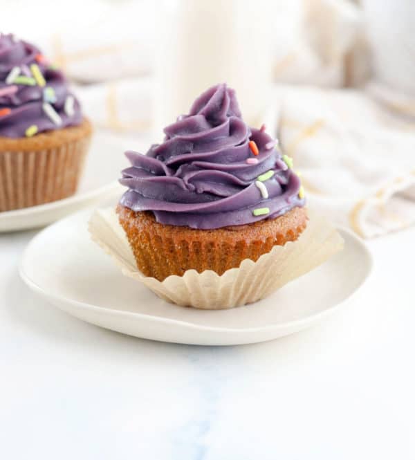 purple sweet potato frosting piped onto cupcake