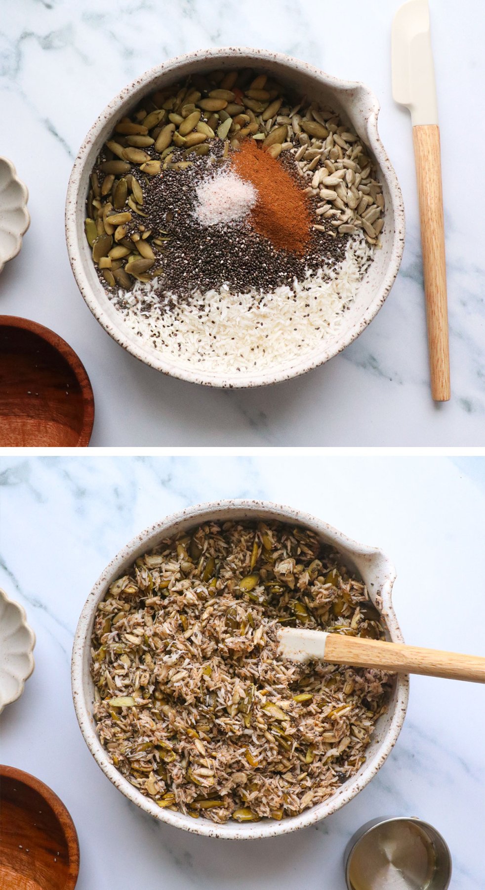 seeds mixed together with maple syrup in a white mixing bowl. 