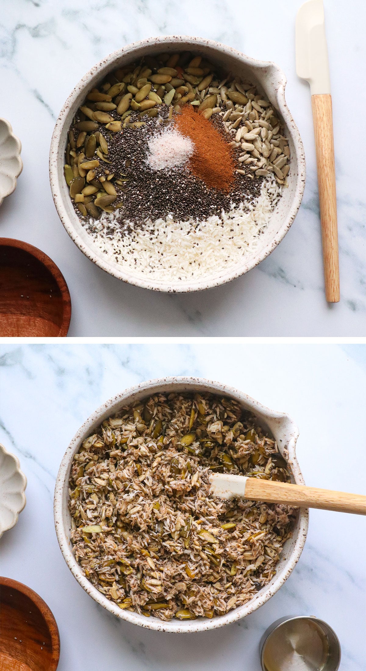seeds mixed together with maple syrup in a white mixing bowl.