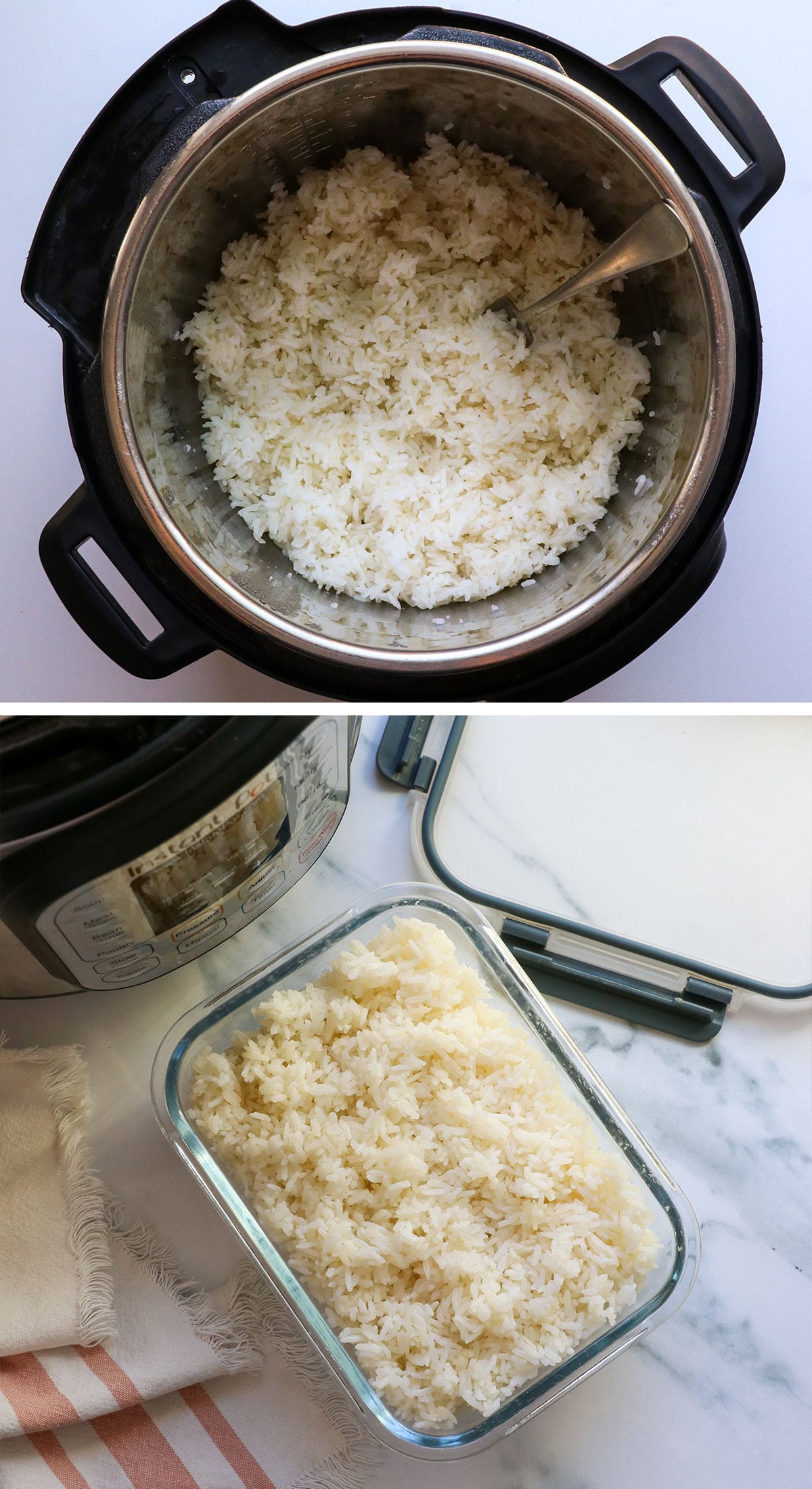 rice fluffed with a fork and added to a glass meal prep container.