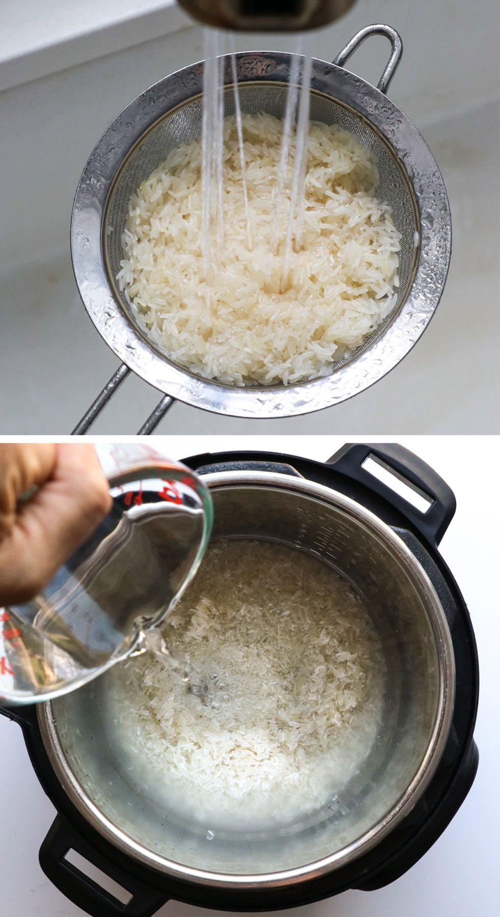 rinsing white rice in a strainer and adding water in the Instant pot. 