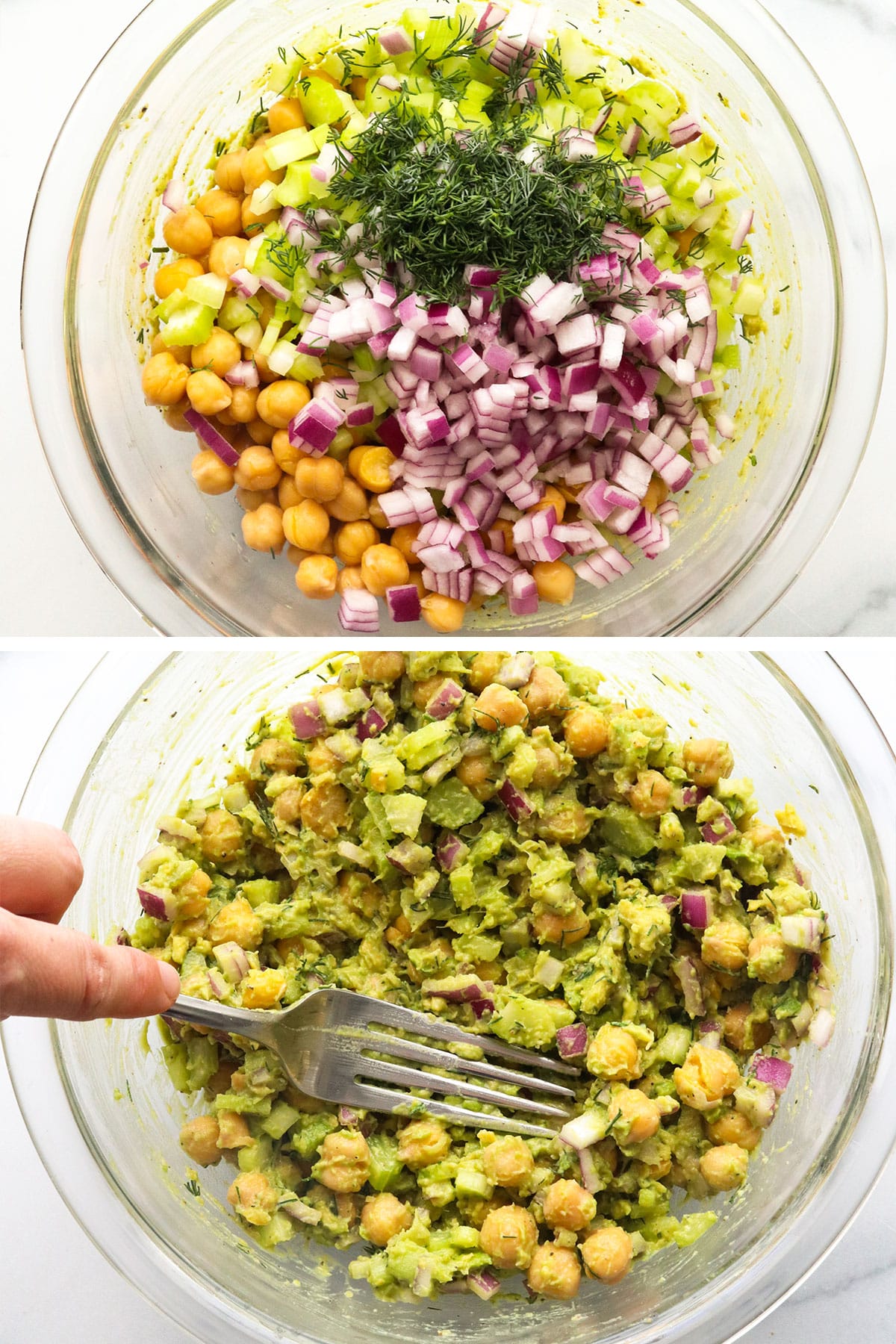 chickpeas mashed with red onion, celery, and avocado.