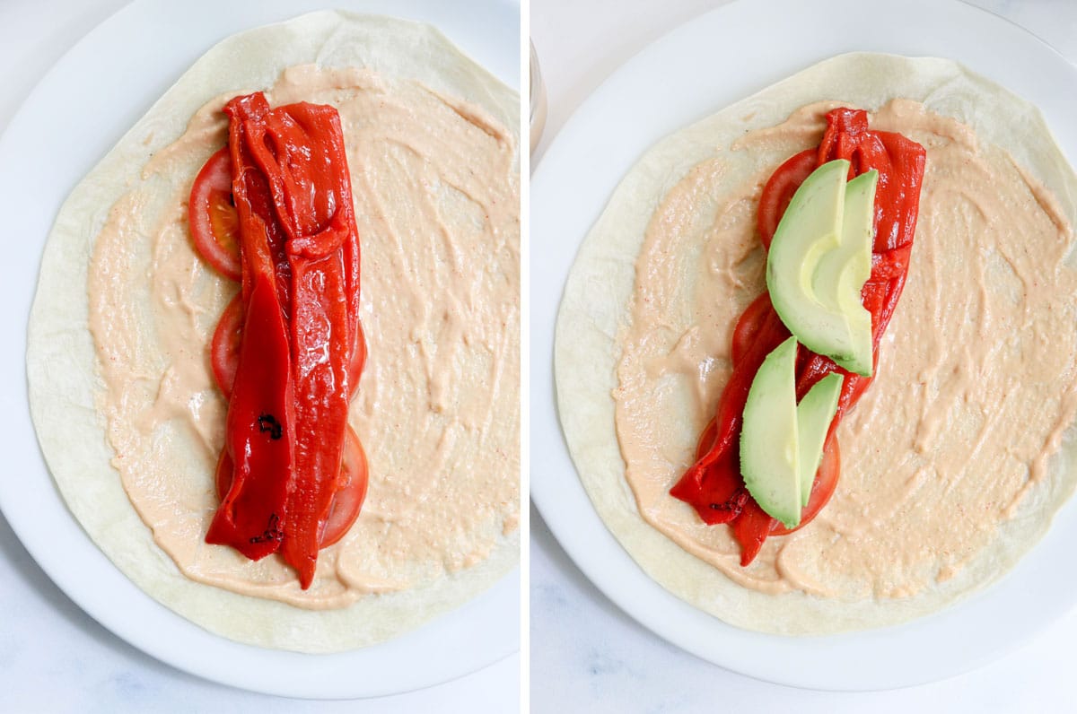 bell peppers and slice avocado added to tortilla