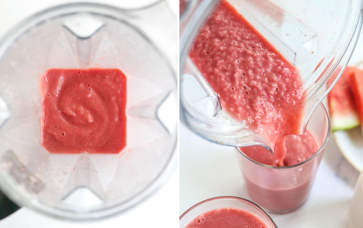 Gemischter Wassermelonen-Smoothie im Mixer in ein Glas gegossen