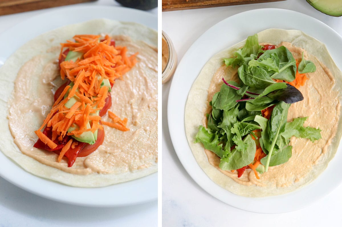 shredded carrots and mixed greens added to tortilla