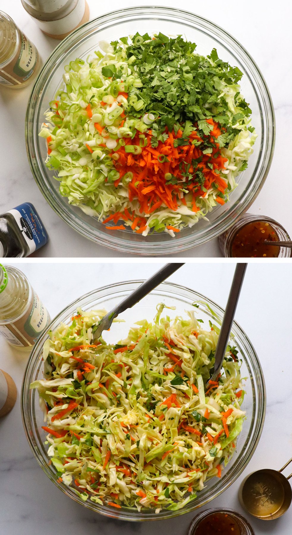 Add Asian coleslaw and throw it into a glass bowl.