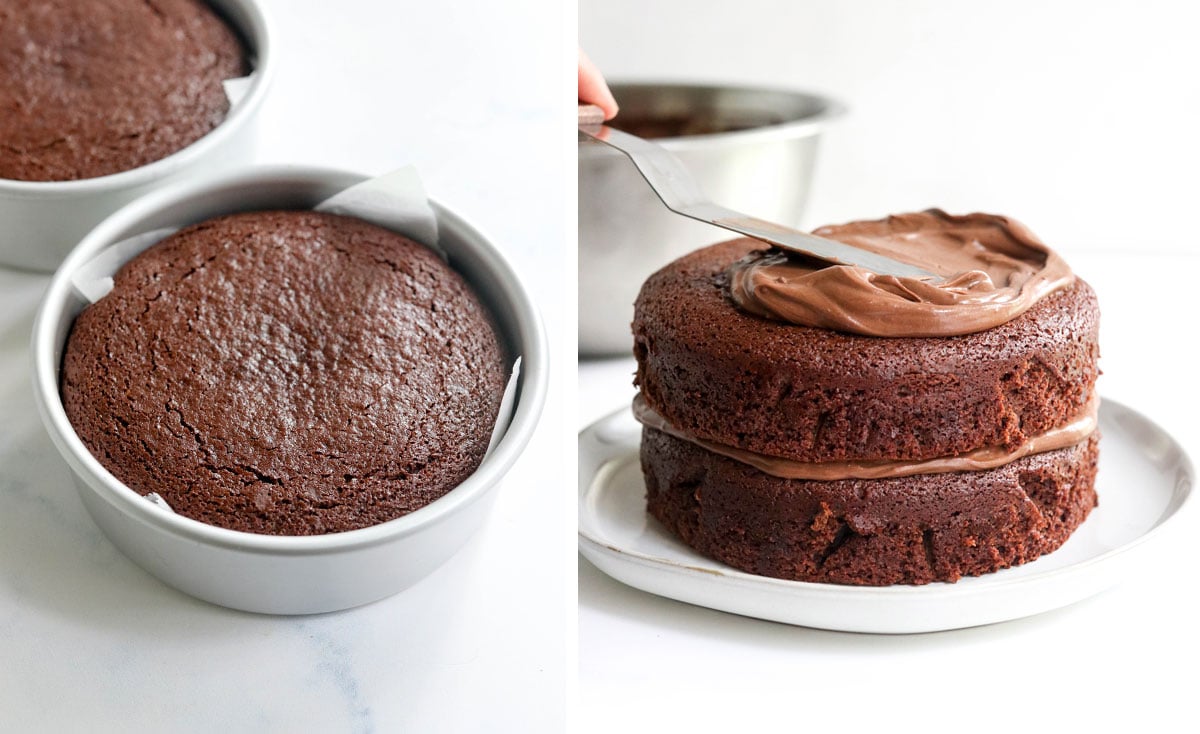 baked chocolate cake getting frosted