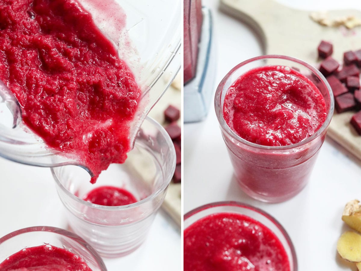 beet smoothie poured into glass