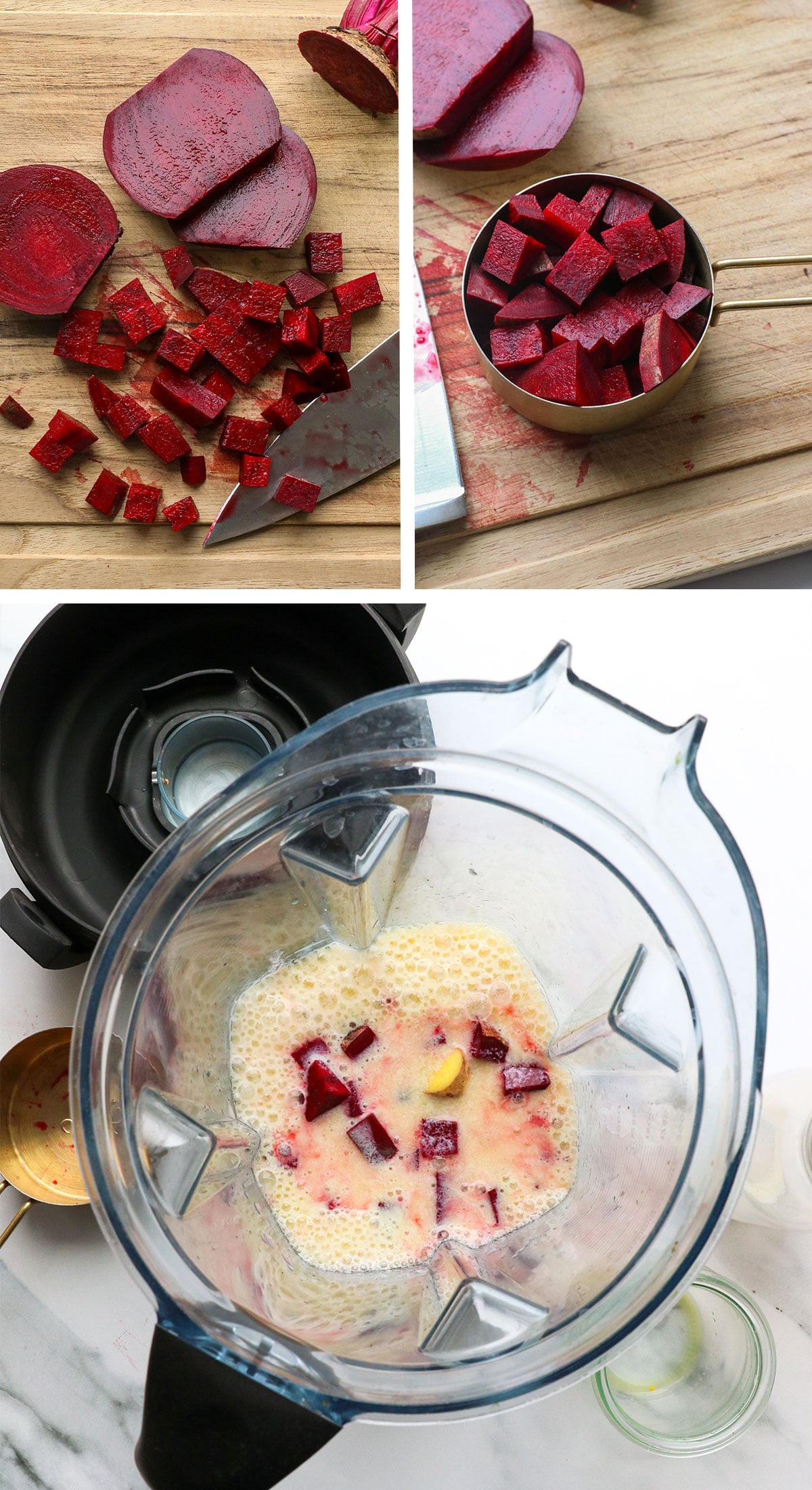 fresh beets cut into pieces and added to a blender with milk and orange juice. 
