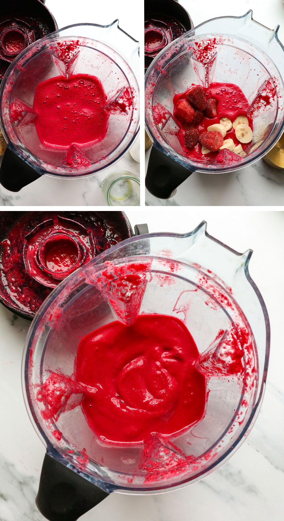 beet smoothie blended until slushy with banana and strawberries. 