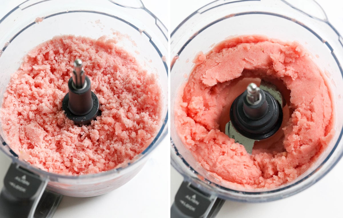 blended watermelon sorbet in food processor