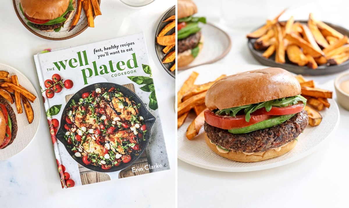 Well Plated cookbook next to veggie burgers