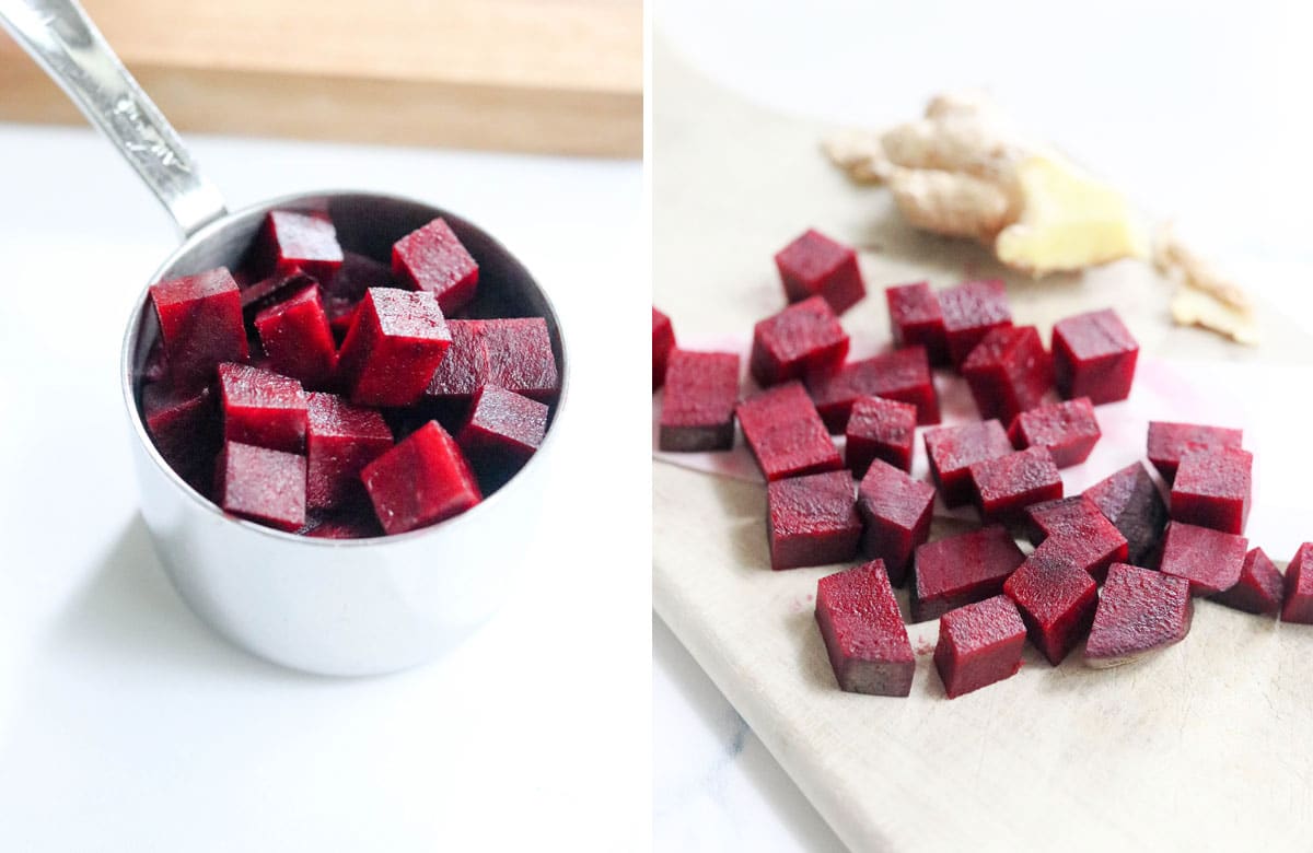 chopped beet in a measuring cup