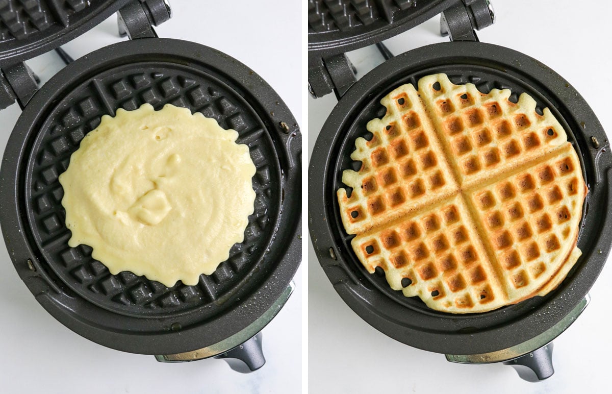 batter before and after in the waffle iron